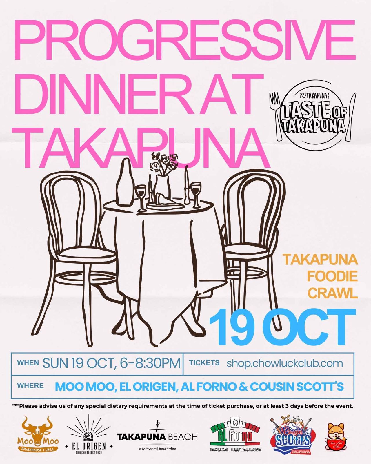 Taste of Takapuna: Progressive Dinner on Sun 19th Oct